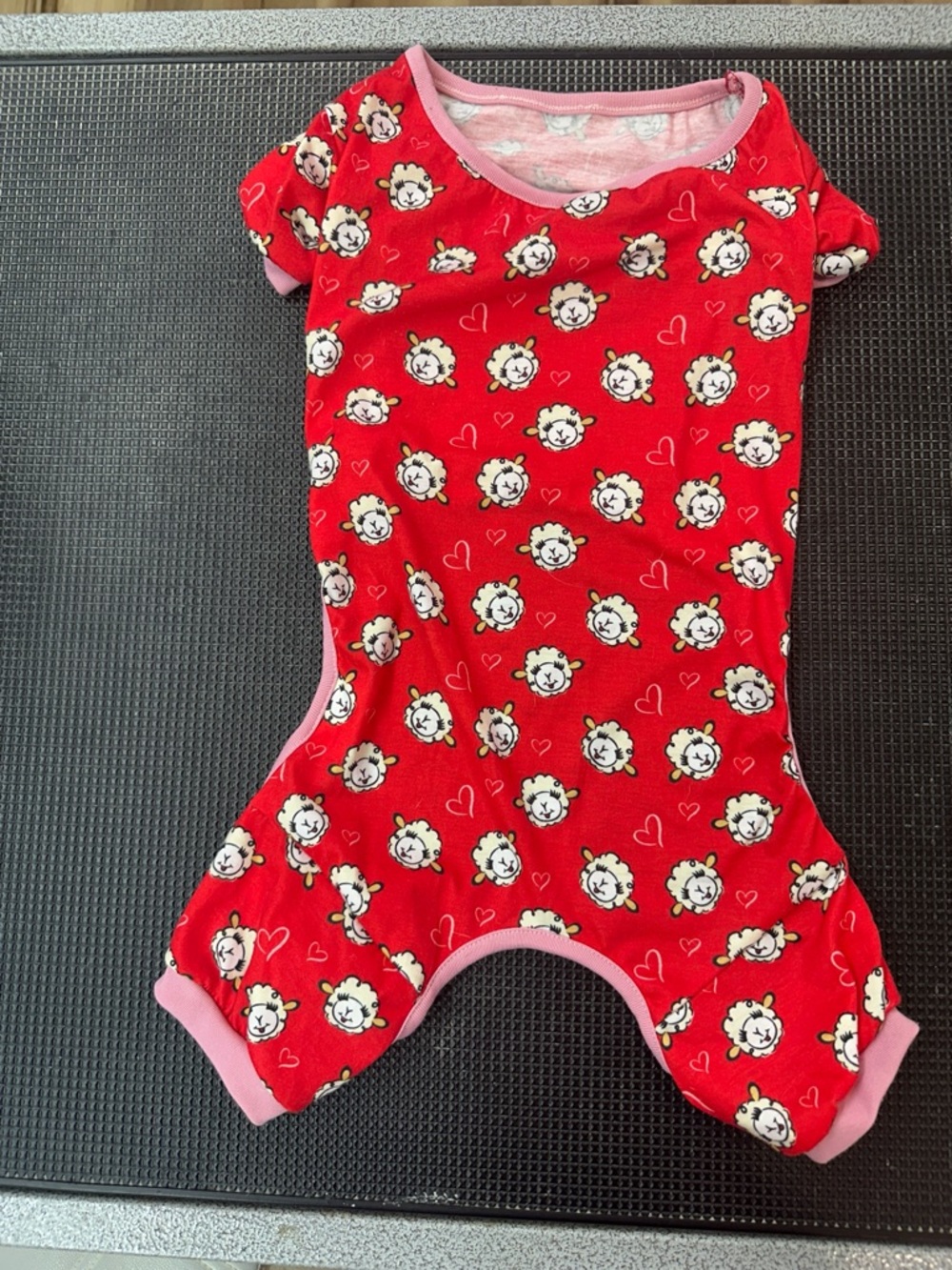 Red Lamb-Print Kids One-Piece Romper with Pink Trim